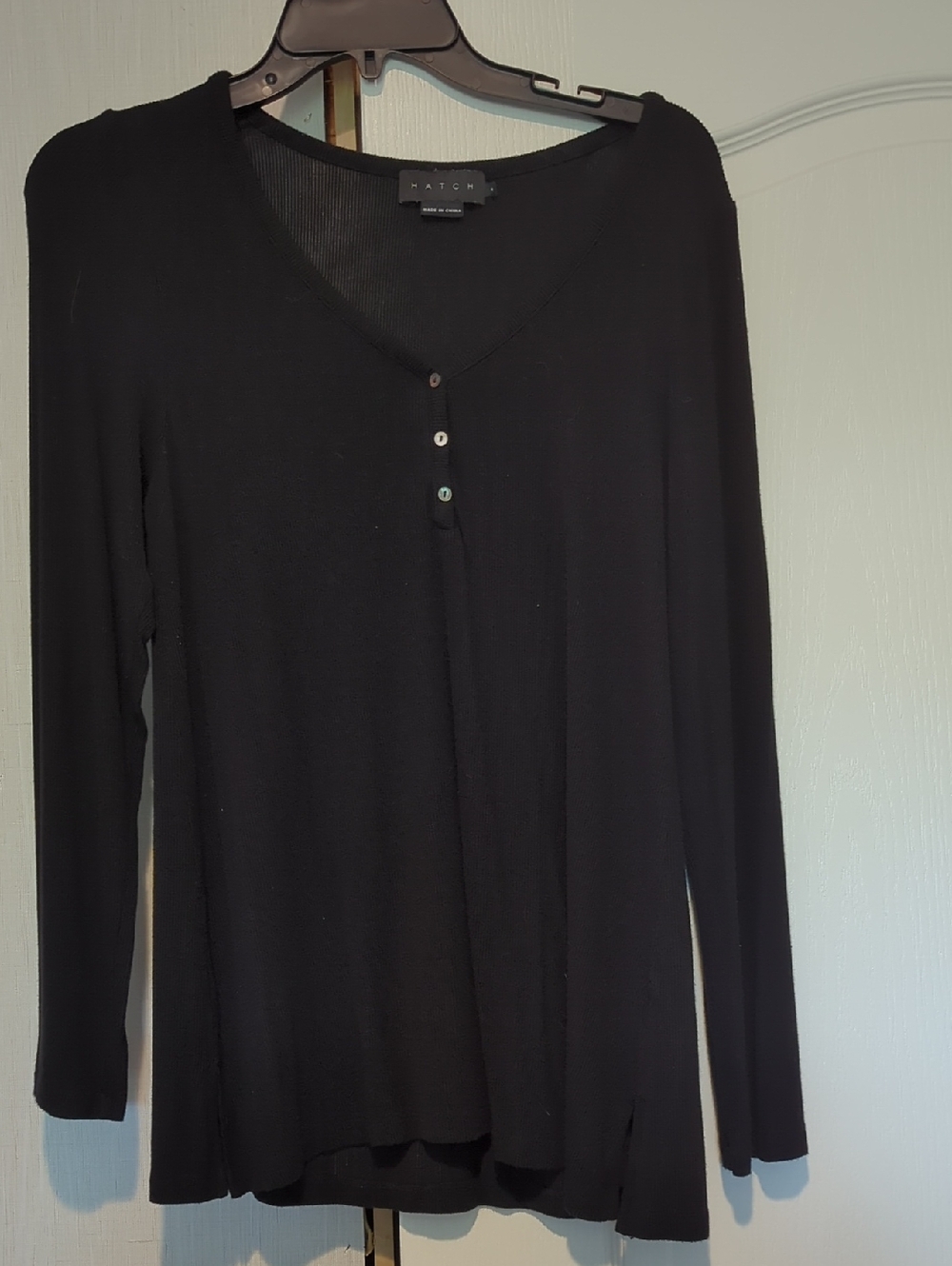 Hatch Black Long Sleeve V-Neck Henley Top with Button Placket